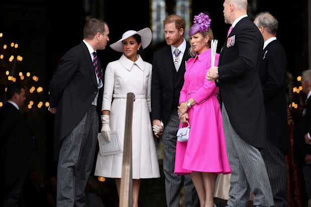 LONDON, ENGLAND - JUNE 03: Meghan, Duchess of Sussex and Prince Harry, Duke of Sussex depart the National Service of Thanksgiving at St Paul's Cathedral on June 03, 2022 in London, England. The Platinum Jubilee of Elizabeth II is being celebrated from June 2 to June 5, 2022, in the UK and Commonwealth to mark the 70th anniversary of the accession of Queen Elizabeth II on 6 February 1952.  (Photo by Chris J Ratcliffe/Getty Images)