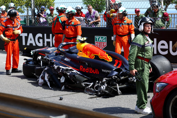 The destroyed car of Sergio Perez after crashing in the Monaco Grand Prix.