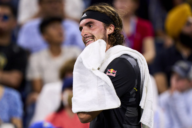 Stefanos Tsitsipas of Greece reacts during his US Open match against Daniel Elahi Galan of Colombia.