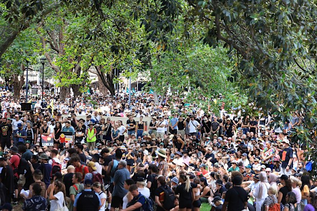 Demonstrators participate in a Invasion Day protest at Belmore Park, Sydney, on January 26.