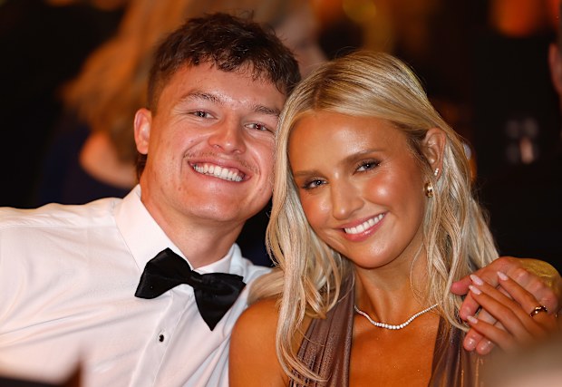 Jack Ginnivan of the Hawks and and girlfriend Lily Mitchell seen during the 2024 Brownlow Medal at Crown Palladium on September 23, 2024 in Melbourne, Australia. (Photo by Michael Willson/AFL Photos via Getty Images)