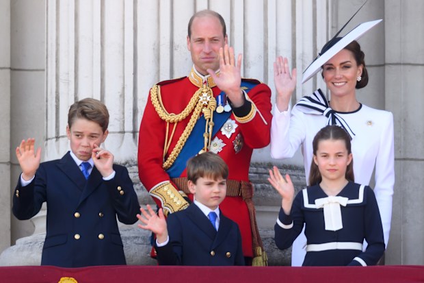 : Prince George of Wales, Prince William, Prince of Wales, Prince Louis of Wales, Princess Charlotte of Wales and Catherine, Princess of Wales on the balcony of Buckingham Palace during Trooping the Colour on June 15, 2024 in London, England. 