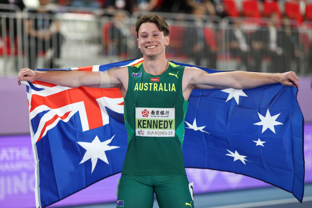 Lachlan Kennedy celebrates clinching silver in the 60 metres at the 2025 world athletics indoor championships in China.