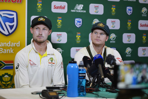 Steve Smith and Cameron Bancroft face the media after the Cape Town cheating scandal.