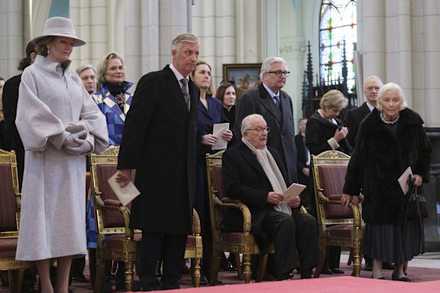 BRUSSELS, BELGIUM - FEBRUARY 20: (L-R) Queen Mathilde of Belgium, Princess Delphine of Belgium, the King Philippe of Belgium, Princess Claire of Belgium, Albert II of Belgium, Prince Laurent of Belgium and Queen Paola of Belgium attend the annual mass at the Notre-Dame church in Laeken, in memory of the deceased members of the Royal Family on February 20, 2024 in Brussels, Belgium.  (Photo by Thierry Monasse/Getty Images)