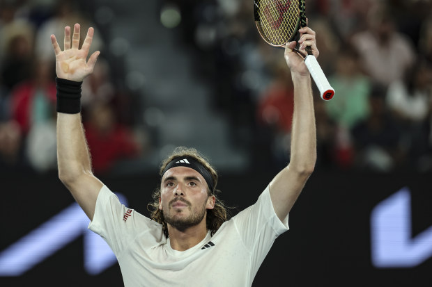 Stefanos Tsitsipas of Greece celebrates after winning a point during the fourth round singles match against Jannik Sinner of Italy. (Photo by Lintao Zhang/Getty Images)