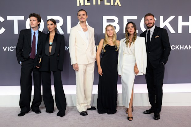 LONDON, ENGLAND - OCTOBER 08: (L-R) Cruz Beckham, Jackie Apostel, Romeo Beckham, Harper Beckham, Victoria Beckham and David Beckham attend the "Victoria Beckham" World Premiere at the Curzon Mayfair on October 08, 2025 in London, England. (Photo by Karwai Tang/WireImage)