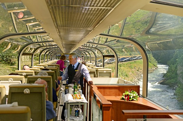 Rocky Mountaineer passing through Banff National Park