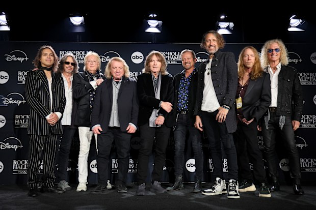 CLEVELAND, OHIO - OCTOBER 19: (L-R) Luis Maldonado, Kelly Hansen, Rick Wills, Lou Gramm, Al Greenwood, Chris Frazier, Michael Bluestein, Jeff Pilson and Bruce Watson of Foreigner pose in the press room during the 2024 Rock & Roll Hall Of Fame Induction Ceremony streaming on Disney+ at Rocket Mortgage Fieldhouse on October 19, 2024 in Cleveland, Ohio.  (Photo by Dia Dipasupil/2024 Getty Images)