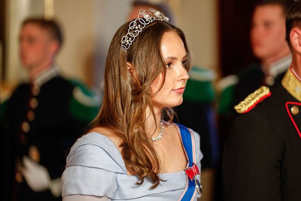 Norway's Princess Ingrid Alexandra on her way to a gala dinner at the Palace in connection with the state visit of the Icelandic presidential couple, in Oslo, Tuesday, April 8, 2025. (Fredrik Varfjell/NTB via AP)