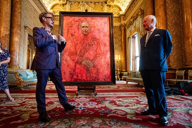 Artist Jonathan Yeo and King Charles III at the unveiling of artist Yeo's portrait of the King, in the blue drawing room at Buckingham Palace, London.