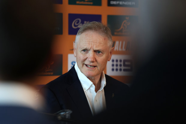 Wallabies coach Joe Schmidt speaks to the media at Rugby HQ in Sydney.