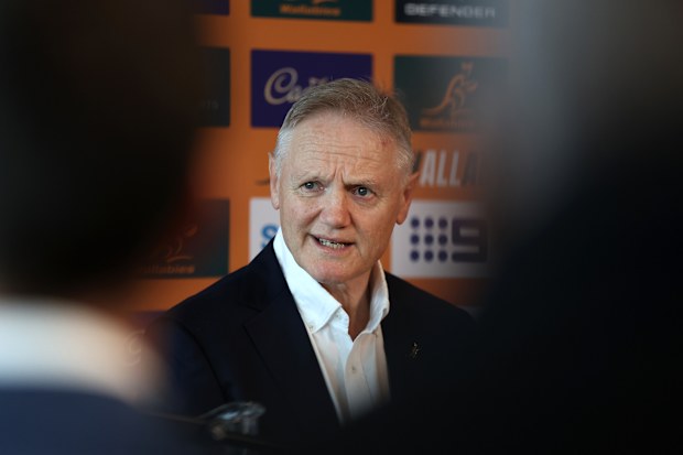 Wallabies coach Joe Schmidt speaks to the media at Rugby HQ in Sydney.