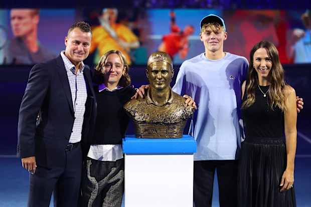 Lleyton Hewitt, Ava Hewitt, Cruz Hewitt and Bec Hewitt pose after Lleyton is inducted into Australian Tennis Hall of Fame