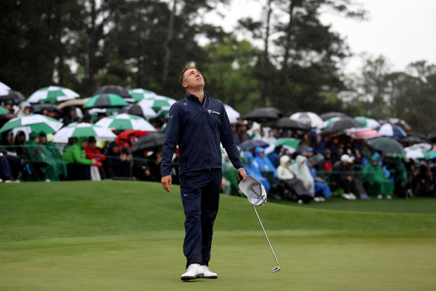 AUGUSTA, GEORGIA - APRIL 08: Justin Thomas of the United States reacts to his bogey on the 18th green during the continuation of the weather delayed second round of the 2023 Masters Tournament at Augusta National Golf Club on April 08, 2023 in Augusta, Georgia. (Photo by Christian Petersen/Getty Images)