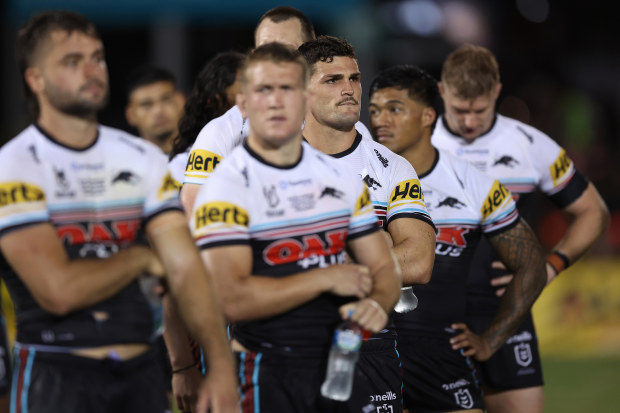 Nathan Cleary of the Panthers looks dejected after defeat during the World Club Challenge and NRL Trial Match between the Penrith Panthers and St Helens at BlueBet Stadium on February 18, 2023 in Penrith, Australia. (Photo by Mark Metcalfe/Getty Images)