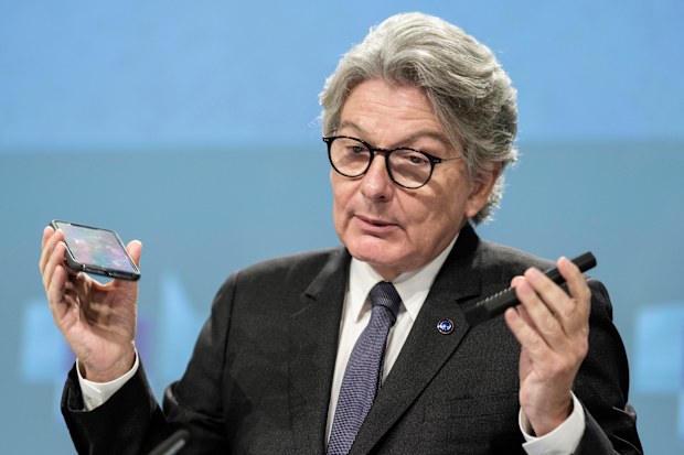 European Commissioner for Internal Market Thierry Breton speaks during a media conference on a common charging solution for mobile phones at EU headquarters in Brussels, Thursday, Sept. 23, 2021.