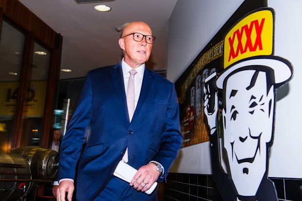 2025 Federal Election. Opposition leader Peter Dutton in the electorate of Brisbane with Liberal candidate Trevor Evans and Ryan Candidates Maggie Forrest visiting the XXXX beer factory. Saturday 29th March 2025. Photo: James Brickwood. SMH NEWS 250329. FEDPOL.