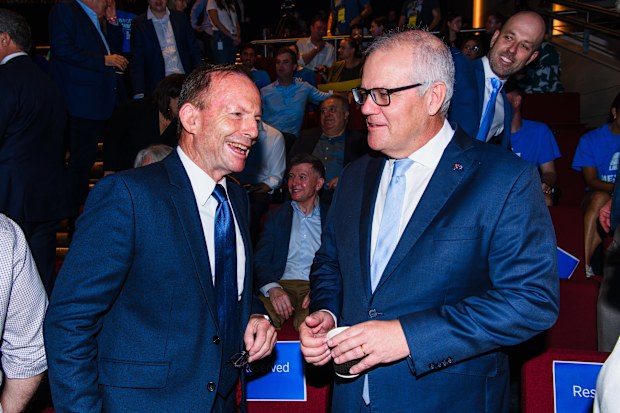 2025 Federal Election. Liberal Party campaign launch launch at the Liverpool Catholic Club, Prestons in the division of Werriwa. Sunday 13th April 2025. Photo: James Brickwood. Opposition leader Peter Dutton. Former australian prime ministers Scott Morrison and Tony Abbott arriving
