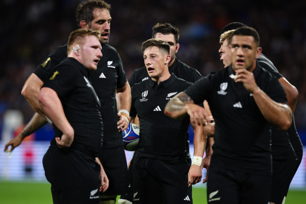 Cam Roigard of New Zealand looks on during the Rugby World Cup.
