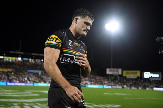 Nathan Cleary coming from the field after re-injuring his hamstring against the Bulldogs.