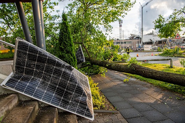 A destroyed solar cell module lies on the roadside next to a fallen tree.  A storm has also caused major damage in Paderborn.  
