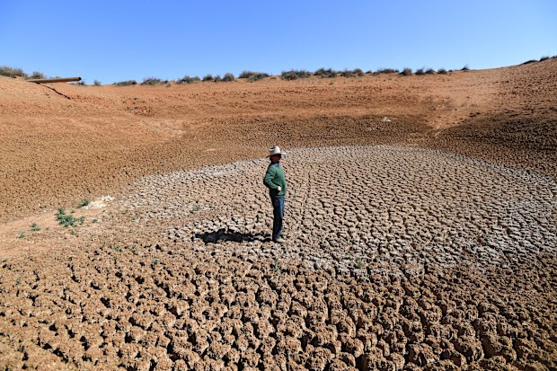 A pastoralist stands at the bottom of one of his empty dams on his property at Langawirra Station, north of Broken Hill, in NSW.