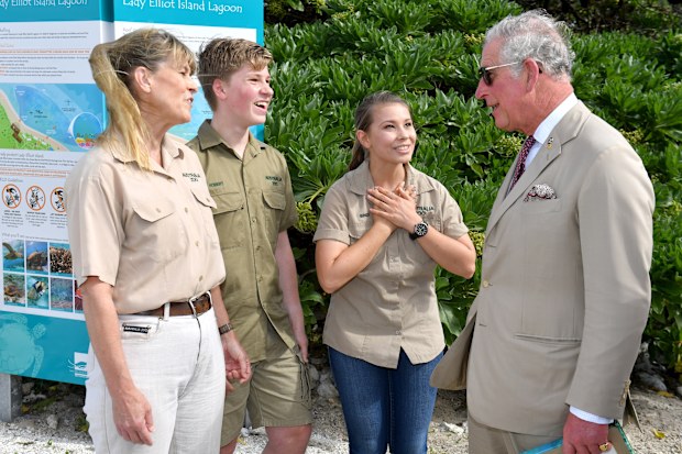 Terri Irwin, Bob Irwin and Bindi Irwin speak with Prince Charles, Prince of Wales before a roundtable meeting, discussing coral resilience on Lady Elliot Island on April 6, 2018 in Queensland, Australia. 