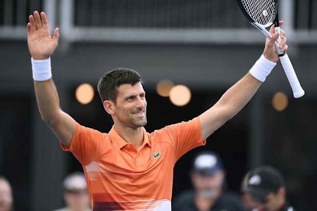 Novak Djokovic celebrates winning his match against Constant Lestienne of France.