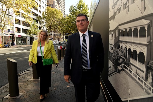 NSW National Party MPs Bronnie Taylor (left) and Dugald Saunders (right) leave Parliament House this morning for coffee before a spill meeting. Sydney, NSW. April 5, 2023. Photo: Kate Geraghty
