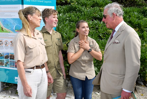 Terri Irwin, Bob Irwin and Bindi Irwin speak with Prince Charles, Prince of Wales before a roundtable meeting, discussing coral resilience on Lady Elliot Island on April 6, 2018 in Queensland, Australia. 