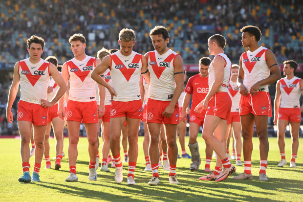 Sydney Swans walk off the Gabba fter their loss to the Lions in round 19.