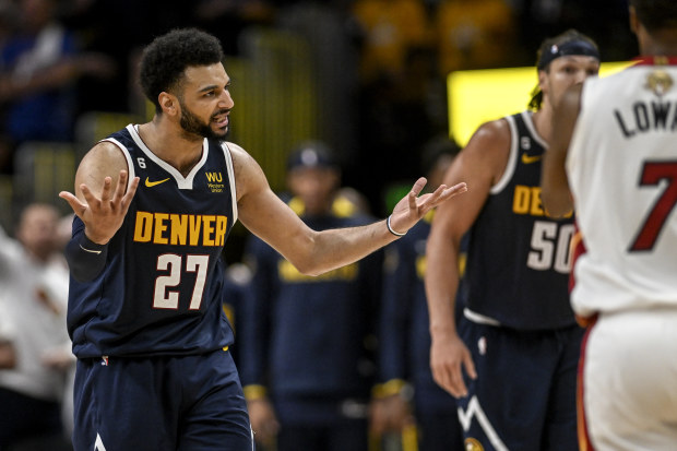 DENVER, CO - JUNE 4: Jamal Murray (27) of the Denver Nuggets reacts to not getting a foul call as the Miami Heat cruise in the fourth quarter of Miami's 111-108 win during Game 2 of the NBA Finals at Ball Arena in Denver on Sunday, June 4, 2023. (Photo by Aaron Ontiveroz/The Denver Post)