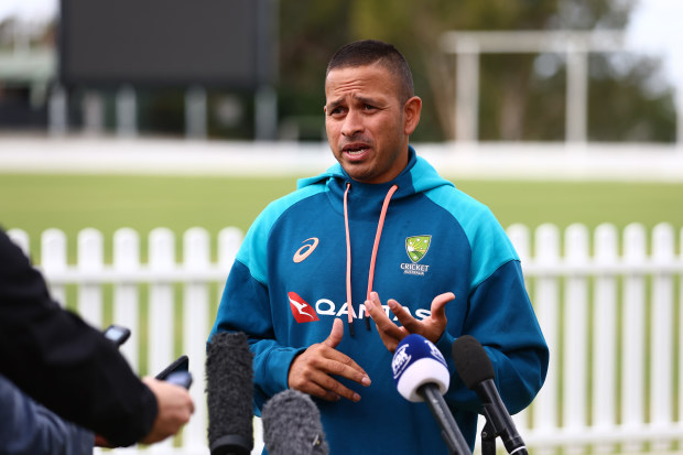 BRISBANE, AUSTRALIA - MAY 15: Usman Khawaja speaks to the media during a Cricket Australia media opportunity after the announcement of the 2023/24 International Season at Allan Border Field  on May 15, 2023 in Brisbane, Australia. (Photo by Chris Hyde/Getty Images)