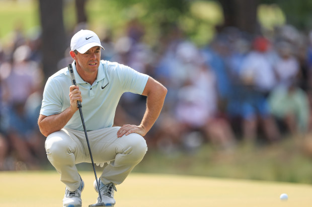 Rory McIlroy of Northern Ireland lines up a putt on the 10th hole during the final round of the 2024 U.S. Open Championship on the No.2 Course at The Pinehurst Resort on June 16, 2024 in Pinehurst, North Carolina. (Photo by David Cannon/Getty Images)