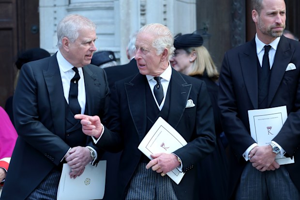 LONDON, ENGLAND - SEPTEMBER 16: Prince Andrew, Duke of York, King Charles III and Prince William, Prince of Wales attend the Funeral of the Duchess of Kent at Westminster Cathedral on September 16, 2025 in London, England. Katharine, Duchess of Kent was married to Prince Edward, Duke of Kent, the first cousin of Queen Elizabeth II. She died on September 4 at the age of 92 at Kensington Palace surrounded by her family. Having converted to Catholicism in 1994, her funeral takes place at Westminste
