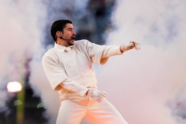 Bad Bunny performs during halftime of the NFL Super Bowl 60 football game between the New England Patriots and the Seattle Seahawks, February 8, 2026, in Santa Clara, California