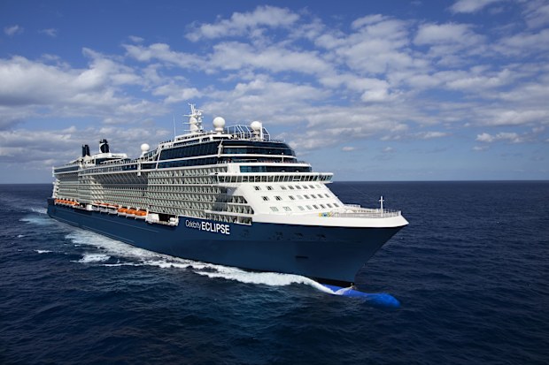 Celebrity Eclipse, EC, aerial, ship exterior, blue hull, Celebrity Revolution, clouds, water