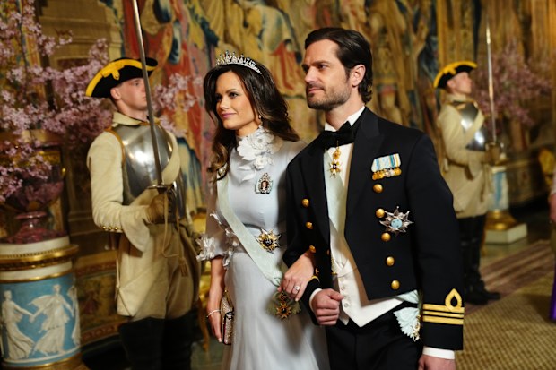 FILE - Sweden's Prince Carl Philip and Princess Sofia arrive for a gala dinner hosted by Sweden's King Carl XVI Gustaf and Queen Silvia at the Royal Palace in Stockholm, Sweden, Monday, May 6, 2024. (Ida Marie Odgaard/Ritzau Scanpix via AP, File)