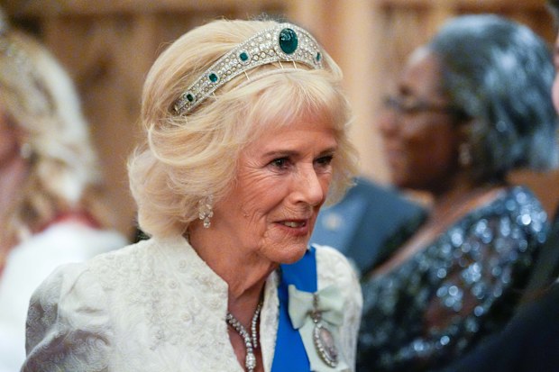 Queen Camilla wearing the Greville Emerald Kokoshnik Tiara