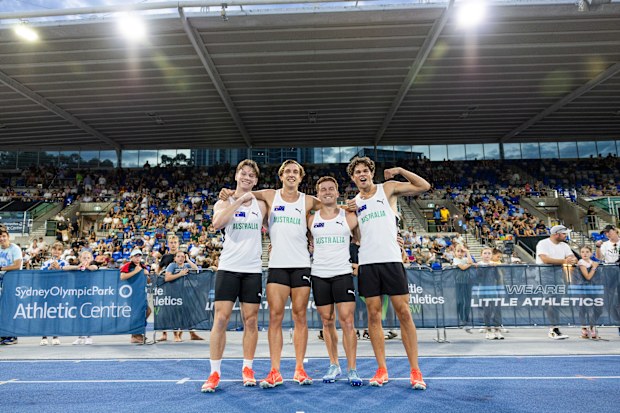 From left: Lachlan Kennedy, Josh Azzopardi, Christopher Ius and Calab Law pictured after breaking the national 4x100m record at the 2025 Sydney Track Classic.