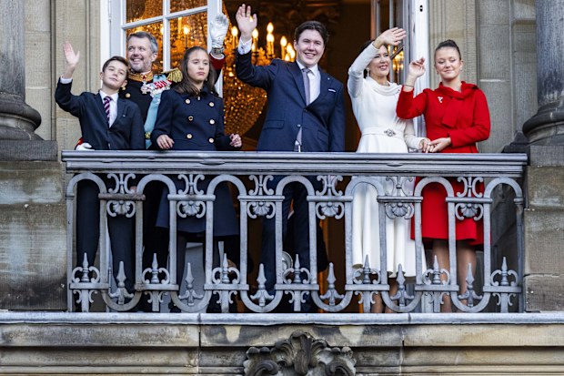 King Frederik X with Queen Mary, Crown Prince Christian, Princess Isabella, Prince Vincent and Princess Josephine enters the balcony on Amalienborg Castle after his proclamation on January 14, 2024 in Copenhagen, Denmark. 