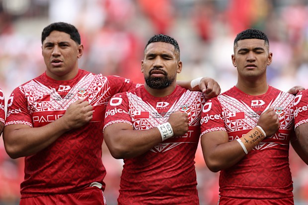 From left to right: Tonga's Jason Taumalolo, Siliva Havili and Isaiya Katoa during the 2024 Pacific Championships.