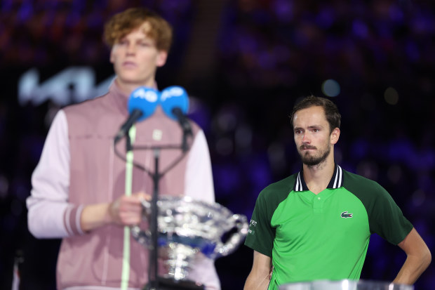 Daniil Medvedev looks on during the official presentation after their Men's Singles Final match against Jannik Sinner of Italy during the 2024 Australian Open.