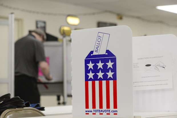 People fill out their ballots at the Newfane, Vt., polling station located at the fire house on Election Day, Tuesday, Nov. 5, 2024. (Kristopher Radder/The Brattleboro Reformer via AP)