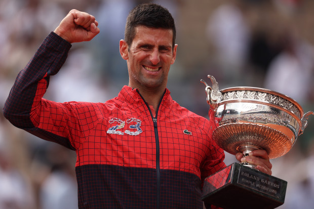 Novak Djokovic of Serbia celebrates beating Casper Ruud in the Roland-Garros final.