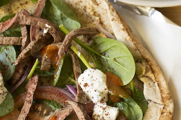 Beef doner kebabs with hummus and garlic mint yoghurt
