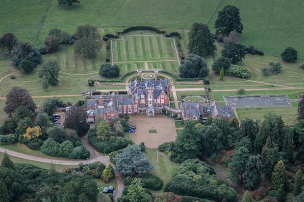 ENGLAND, SURREY. Aerial view of Bagshot Park the Royal residence of Prince Edward and Sophie, the Duke and Duchess of Edinburgh. This brick and stone Tudor style building was rebuilt on the instruction of Queen Victoria in 1879 (Photograph by David Goddard)