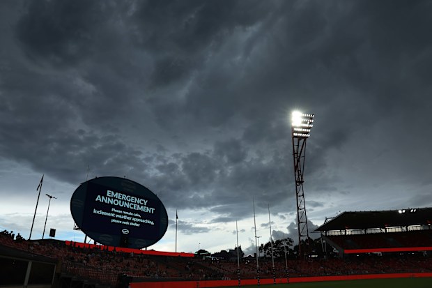 A weather warning delays the start of the round two AFL match between Greater Western Sydney Giants and St Kilda Saints at ENGIE Stadium,  in Sydney.