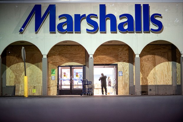 A Marshalls store is boarded up while remaining open ahead of tomorrows general election in Dearborn, Mich., Monday, Nov. 2, 2020. (AP Photo/David Goldman)